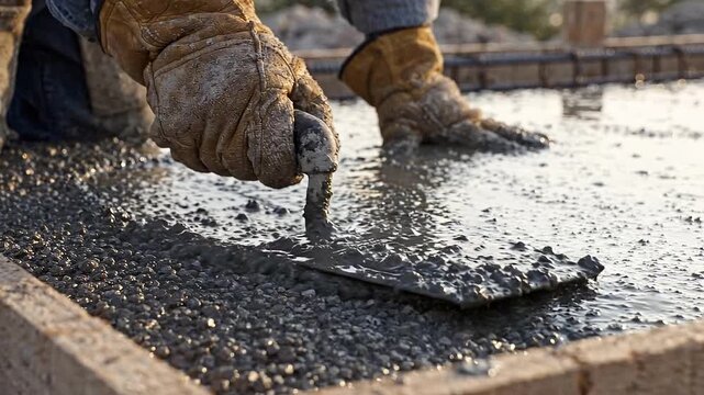 Construction worker smoothing wet concrete with a trowel on a building site