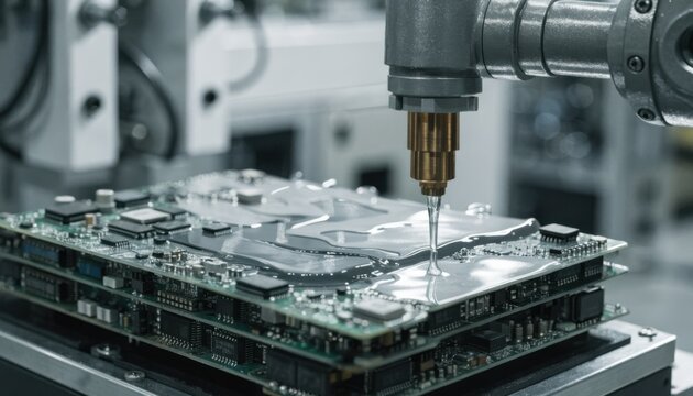 Closeup medium shot showing automatic robotic arm applying precise selective conformal silicone coating on assembled electronic components.