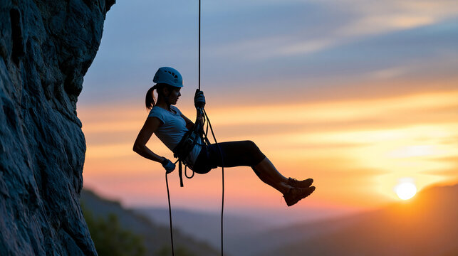 Close-up of a climber's silhouette rappelling down a steep mountain cliff at vibrant sunset, rappel silhouette concept, sunset rock climbing photography, adventure and freedom