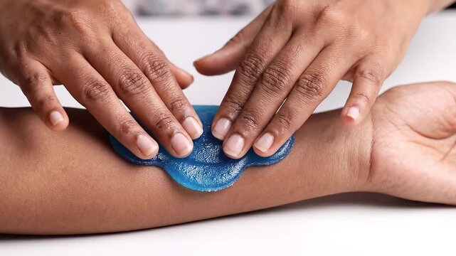 Closeup of a person applying a blue gel patch on their forearm for pain relief or cooling therapy