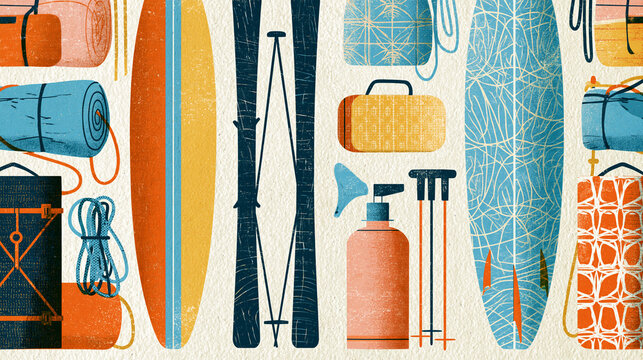 Close-up of a retro travel pattern with vintage climbing gear, ski equipment and surfboards in mid-century style, vintage adventure concept, retro travel pattern photography, aged