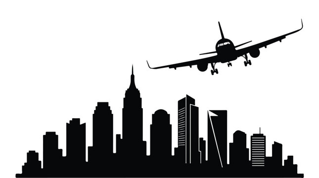 New York City skyline silhouette with airplane flying overhead at sunset, urban cityscape with skyscrapers and plane in flight, modern travel and transportation concept