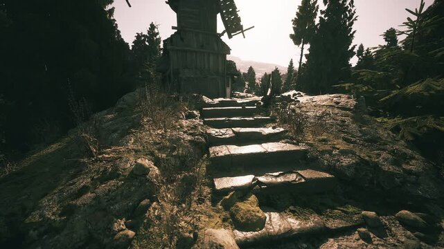 A rustic windmill is perched on a rocky hillside, framed by tall trees as the sun begins to set, casting a warm glow on the scene and highlighting the natural beauty of the landscape.