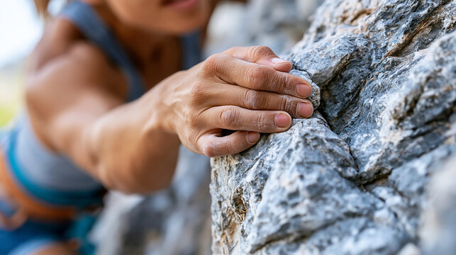 Close-up of a female rock climber's hands and body position during a hard move on a rocky wall, technical climbing concept, climbing technique photography, sport difficulty