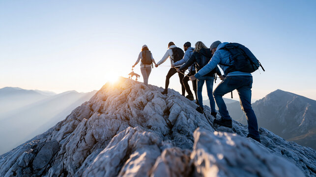 Rear view of a team of five rock climbers reaching a mountain summit with a beautiful sunrise behind, team climbing achievement concept, summit photography, conquering rocky