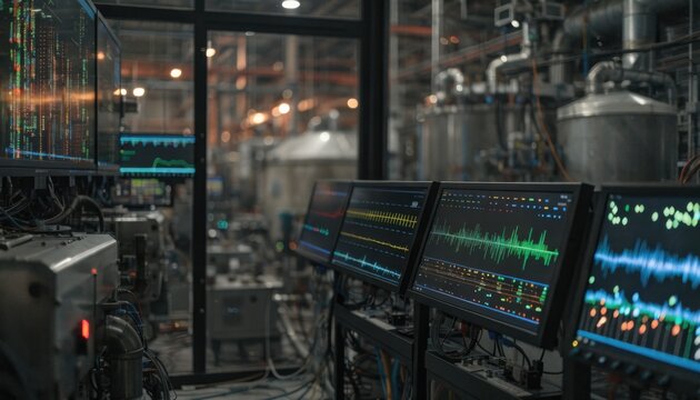 Medium shot of a hightech control room with multiple screens displaying realtime data on caustic alumina and impurity levels in a liquor circuit monitoring system.