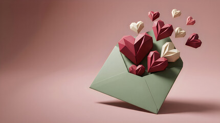 Green envelope with multiple red and white paper hearts spilling out on pink background, envelope