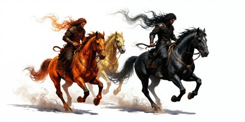 Obraz premium Three masked warriors on horseback race across dusty plains. A red horse leads, followed by gold then black. Their long hair flows behind them. The men wear dark armor and carry whips.