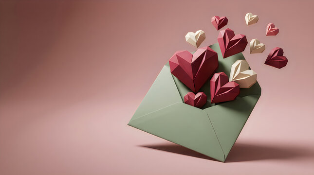 Green envelope with multiple red and white paper hearts spilling out on pink background, envelope