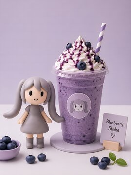 Cute pastel 3D character with blueberry milkshake dessert in minimal aesthetic style