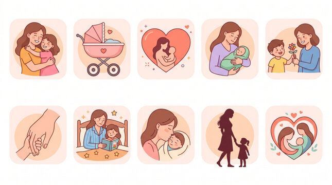 Collection of heartwarming illustrations showcasing the beautiful journey of motherhood, from newborn care to tender family moments and unconditional love