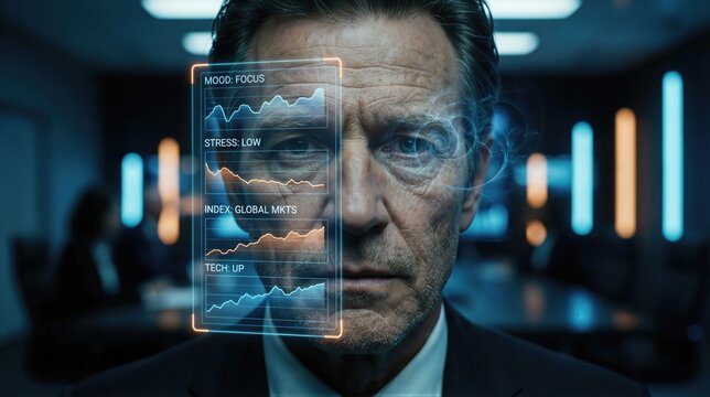 Man under digital hypnosis with futuristic holographic display showing mental state data. Brain scanning and mind control interface. Cybernetic human consciousness monitoring technology concept.