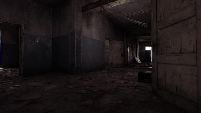 Dust and debris cover the floor of a neglected interior space with peeling walls. Empty rooms are barely illuminated, revealing closed doors and an eerie atmosphere of abandonment.