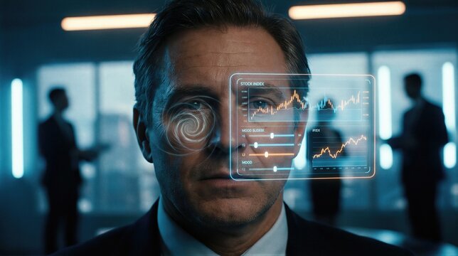 Man with hypnotic spiral in eye looking at digital financial data interface. Futuristic concept of mind control and brain manipulation in business. Advanced data technology and surveillance.