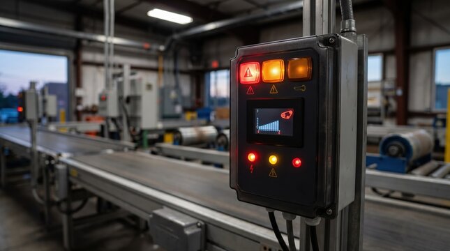 Medium closeup of automated alert system panel lighting up with warnings from AI algorithms identifying conveyor belt issues for prompt maintenance response.