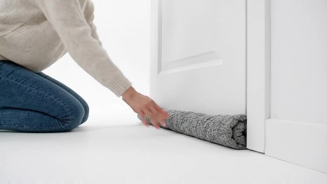 Woman placing a rolled towel as a draft stopper under a door