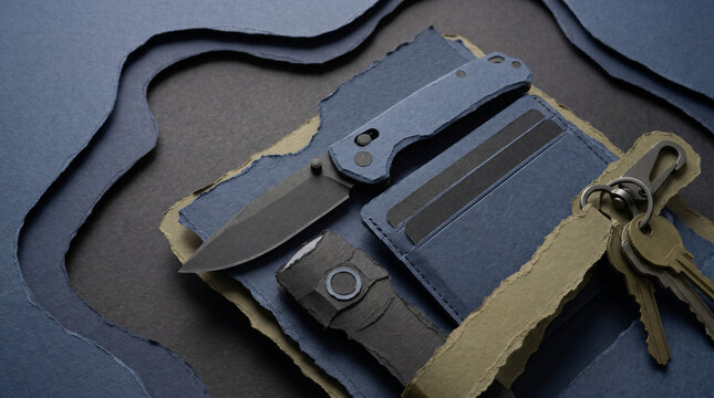 EDC items including knife, wallet, and flashlight on textured background  