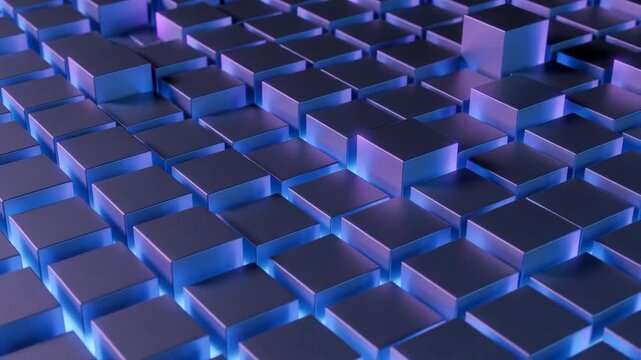 Abstract grid of glowing cubes in geometric style on dark background, concept of technology and modern structure