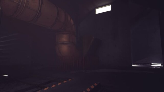 A dimly lit industrial area features large pipes curving along the walls. Shadows create an eerie atmosphere, while a small light source illuminates part of the space, adding depth.