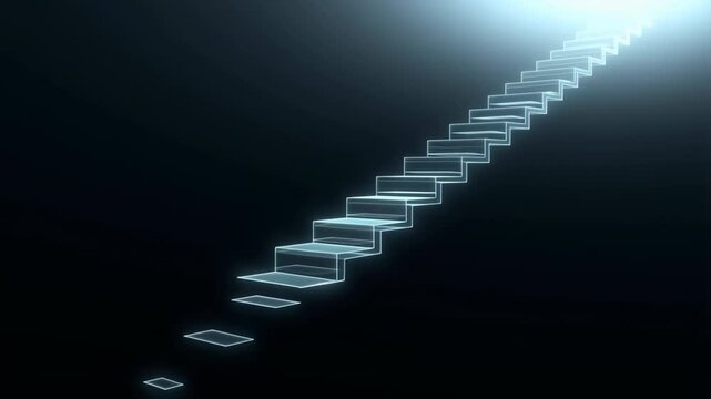 Glowing digital stairs emerging in darkness. Abstract light staircase building up in depth. Surreal conceptual animation of upward progress, success and growth path for creative modern business