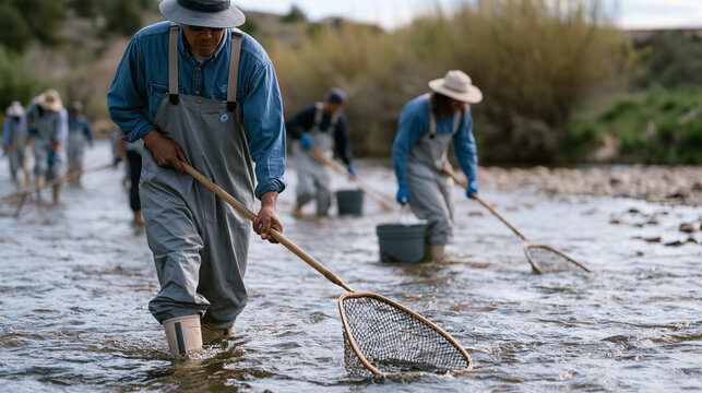 World Environment Day community watershed cleanup crew wading ankle-deep in a shallow river, volunteers in waterproof boots using long-handled nets and buckets to collect debris while a riparian wil