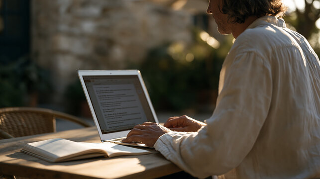 Spaced repetition language flashcard session on a laptop at a caf&eacute; table, a freelance translator flipping between Italian vocabulary decks and a grammar workbook, afternoon summer light catching dus