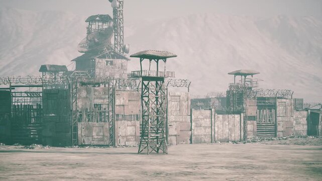 An industrial complex shows signs of neglect, featuring rusty structures and watchtowers surrounded by a barren landscape. The atmosphere feels eerie and desolate, with distant mountains.