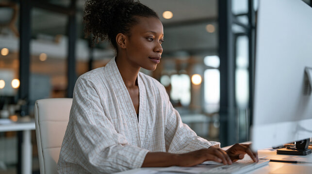 Medical billing compliance auditor reviews artificial intelligence claims coding accuracy reports at a sit-stand desk in a healthcare revenue cycle office, cross-referencing automated ICD assignment