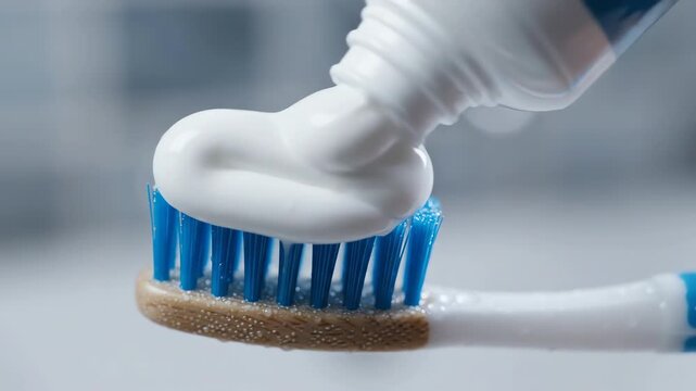 Cinematic macro shot of a smooth white toothpaste ribbon being squeezed onto a clean toothbrush with soft blue bristles