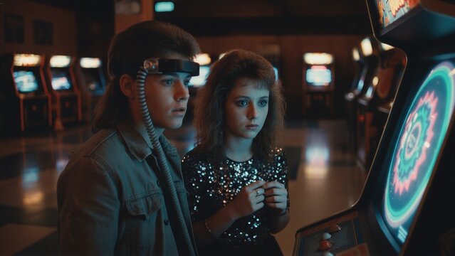 Man and woman playing video game with mind control headset in retro arcade. Psychotropic device for brain washing and hypnosis experiment. Science fiction concept of digital zombie.