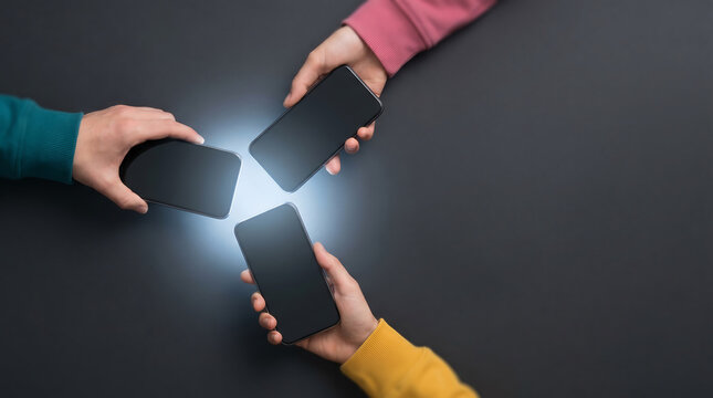 NFC technology. Three hands holding smartphones with black screens, positioned to create a glowing light effect against a dark background, showcasing modern technology interaction