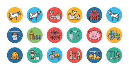 Fototapeta premium Farm Icons Set: Animals, Barn, Tractor, Pig, Chicken, Cow, Hay, Farmer