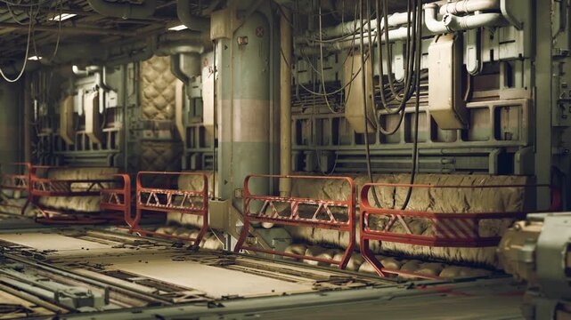 A detailed view of a dimly lit industrial area featuring red barriers along the floor, surrounded by pipes and machinery. The setting conveys a sense of advanced technology in a utilitarian space.
