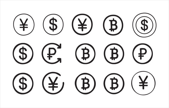 Yen dollar bitcoin ruble currency symbols on white background vector illustration.