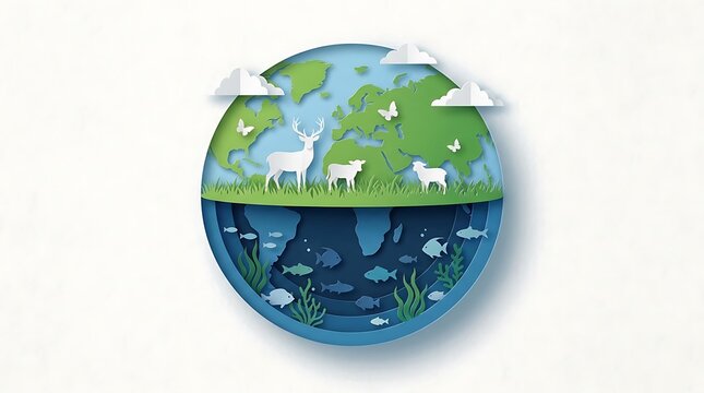 World environment day Paper cut style Earth showing land animals above and fish below the surface earth, planet, globe, nature, environment, ecology