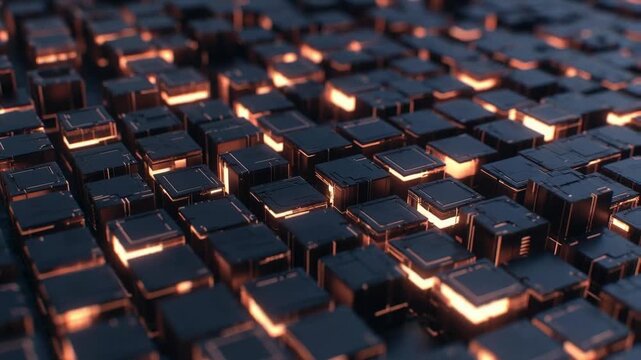 Dark grid of glowing cubes in modern style on a blurred background, concept of technology and innovation advancement