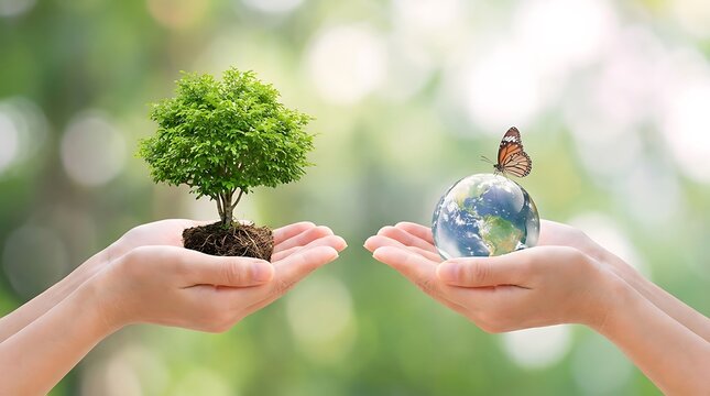 World environment day Two hands holding a small tree and a glass globe of Earth with a butterfly sapling