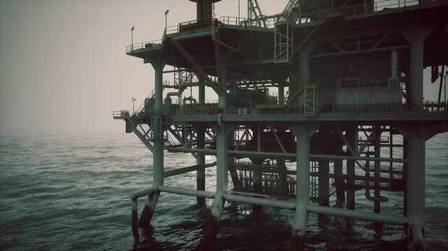 An oil rig stands prominently above the calm water, with industrial structures and equipment visible. The atmosphere is cloudy, creating a muted ambiance for offshore operations.