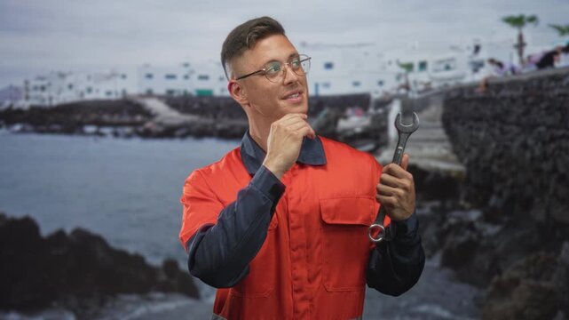 Young mechanic man in orange coverall holding wrench, hand to chin gesture near coastal building and rocky pier; thoughtful pondering curiosity.