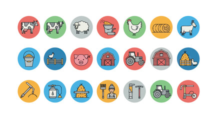 Farm Icons Set: Animals, Tractor, Barns, Tools - Flat Design © Ceo