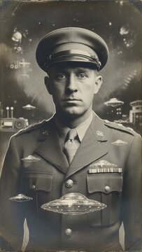 Man soldier in uniform experiencing mind control with floating flying saucer. Mysterious hypnotic influence on military officer. Science fiction surreal conceptual art of alien possession.