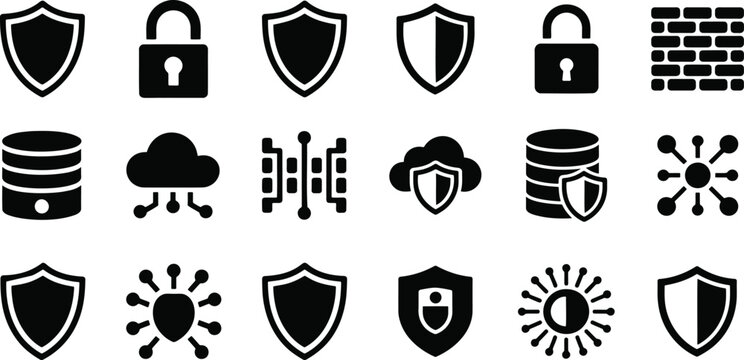 Cybersecurity icons in a grid with shields locks and network symbols against a white background vector silhouette