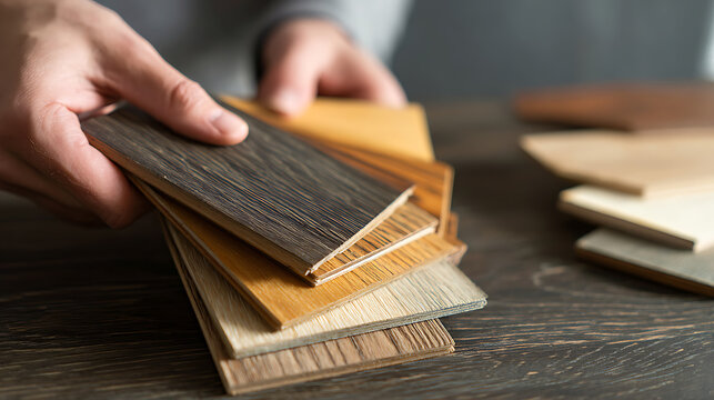 Hands hold various samples of wood texture and flooring swatches, showcasing different colors and finishes for interior design choices, close-up view