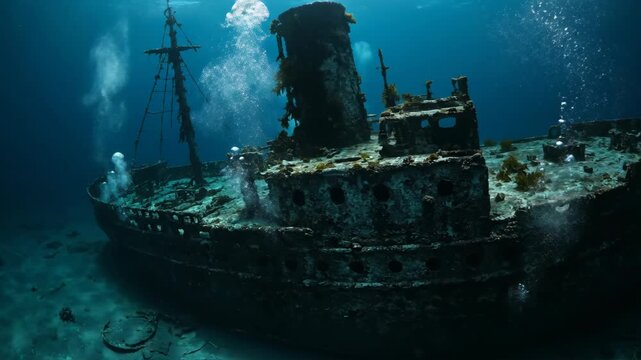 Sunken ship wreck underwater in deep blue ocean