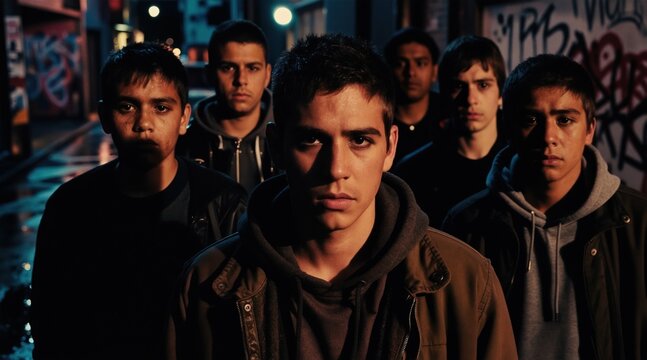 Group of young men stand on street at night. They look serious and confrontational. Graffiti covers wall behind them. Low light urban setting creates tense mood.