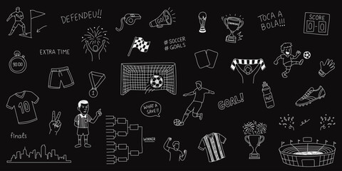 Football Match and Sports Tournament Hand Drawn Doodle Set with Goalkeeper, Fans, Trophy and Stadium Illustrations. © The Icon Hub