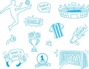 Football Match and Sports Tournament Hand Drawn Doodle Set with Goalkeeper, Fans, Trophy and Stadium Illustrations. © The Icon Hub