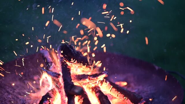 Burning Wood Fire in a Bowl &mdash; Slow Motion, Real Time & Ember Sparks | Atmospheric Night Fire