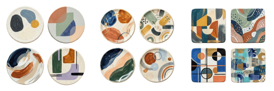 Set and collection of assorted decorative ceramic plates isolated on white background