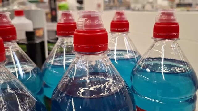 Row of plastic bottles filled with blue liquid soap or dishwashing detergent close up. Transparent PET containers with bright red push-pull caps standing on a shelf, household chemical product concept